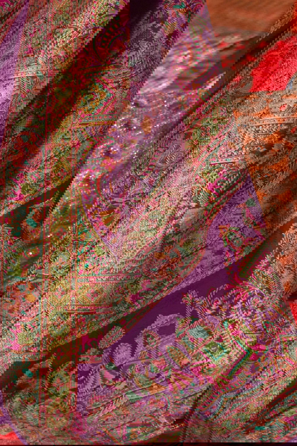 Purple Raw Silk Saree with Heritage Prints - Mayrake.in