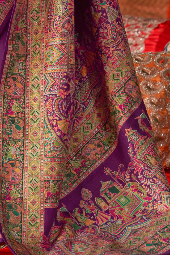 Purple Raw Silk Saree with Heritage Prints - Mayrake.in