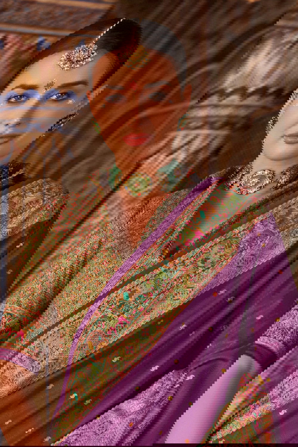 Purple Raw Silk Saree with Heritage Prints - Mayrake.in