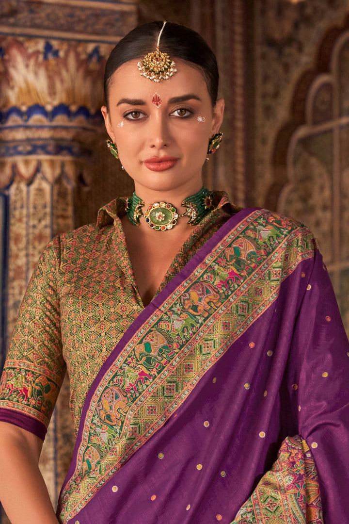 Purple Raw Silk Saree with Heritage Prints - Mayrake.in