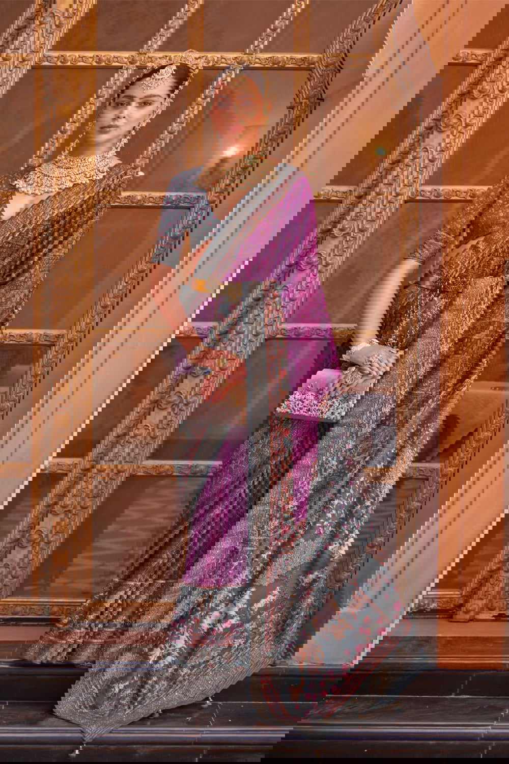 Purple Raw Silk Saree with Regal Bovine Motifs - Mayrake.in