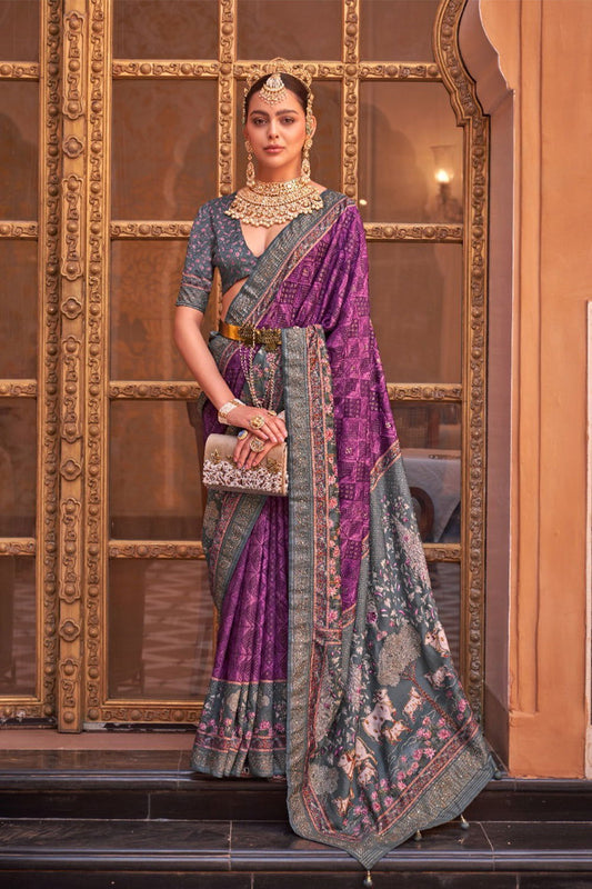 Purple Raw Silk Saree with Regal Bovine Motifs - Mayrake.in