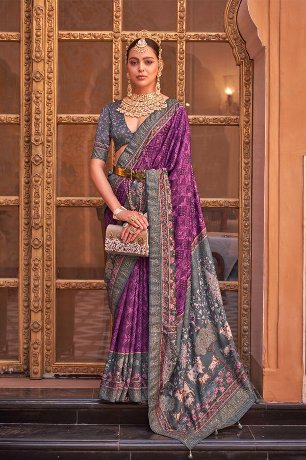 Purple Raw Silk Saree with Regal Bovine Motifs - Mayrake.in
