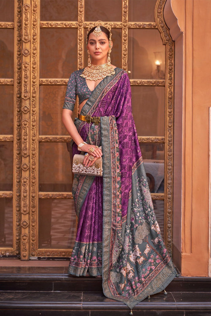 Purple Raw Silk Saree with Regal Bovine Motifs - Mayrake.in