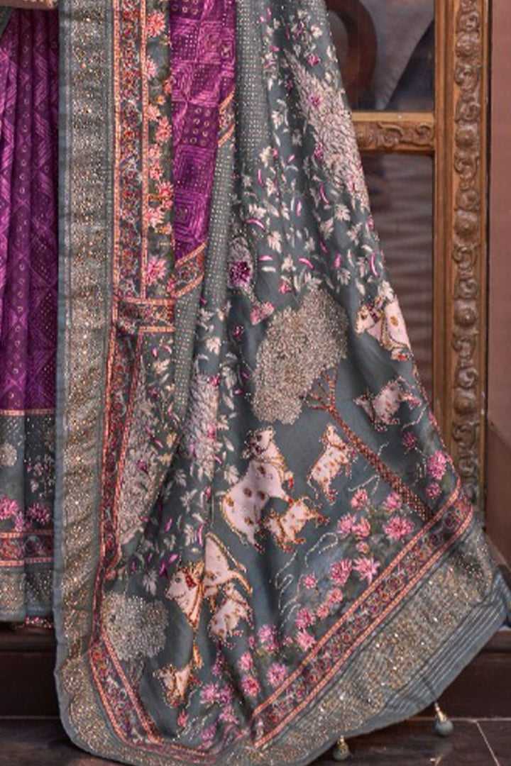 Purple Raw Silk Saree with Regal Bovine Motifs - Mayrake.in