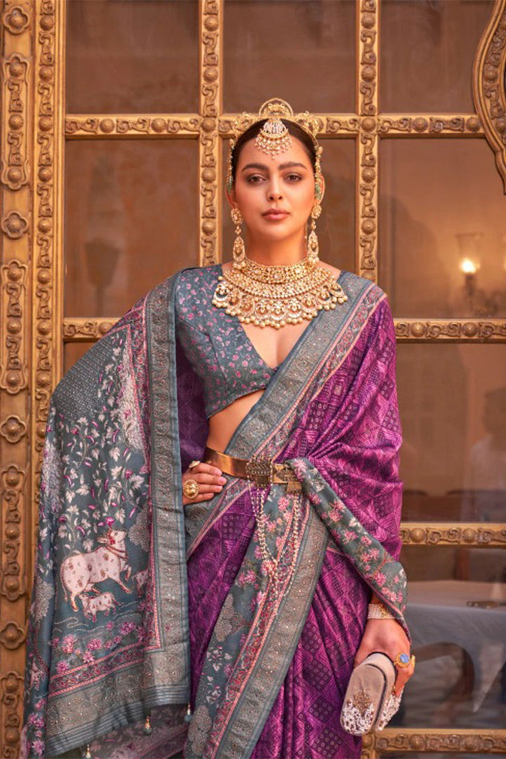 Purple Raw Silk Saree with Regal Bovine Motifs - Mayrake.in