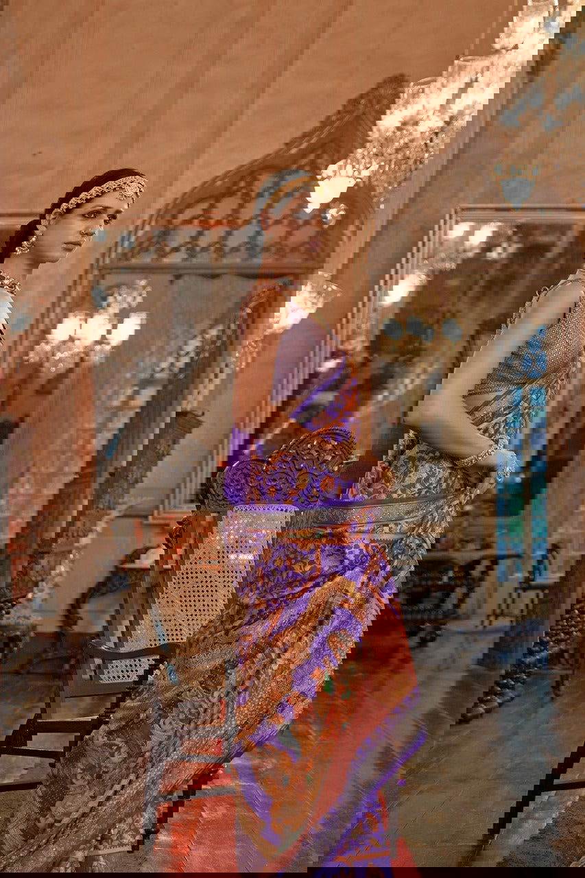 Purple Raw Silk Saree with  Ethnic Heritage Prints - Mayrake.in