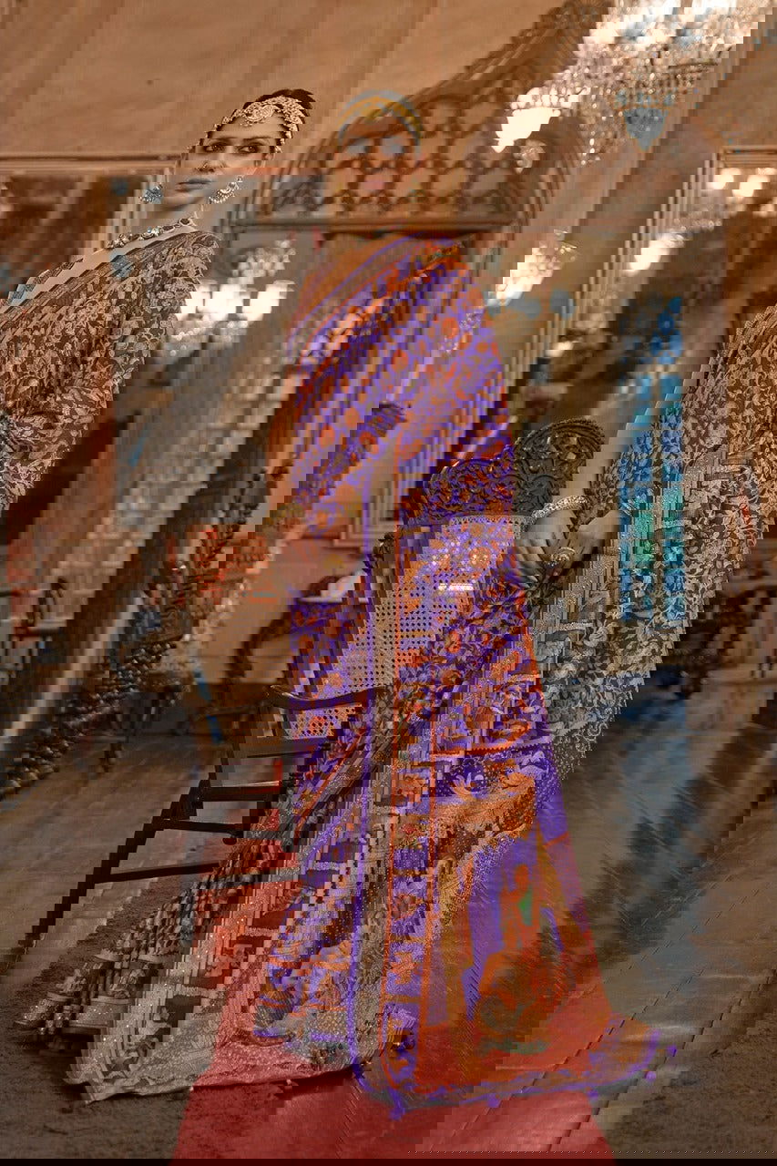 Purple Raw Silk Saree with  Ethnic Heritage Prints - Mayrake.in