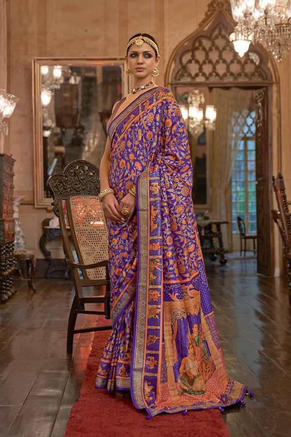 Purple Raw Silk Saree with  Ethnic Heritage Prints - Mayrake.in
