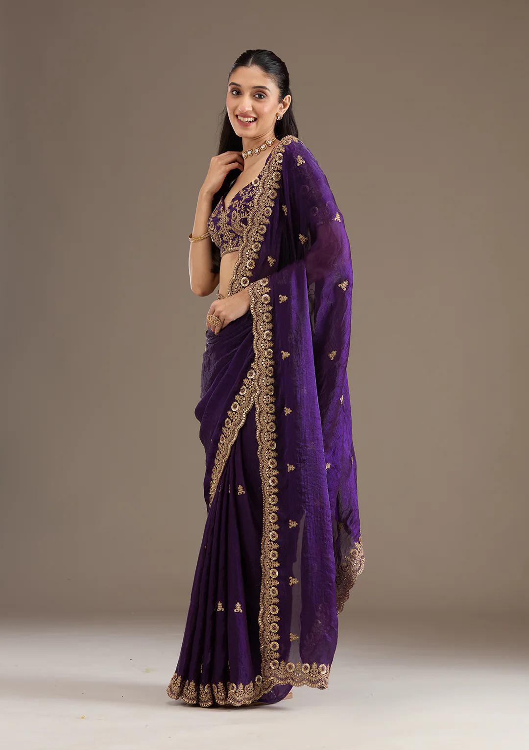 Purple Royal Shine Silk Saree with Beautiful Embroidery Work - Mayrake.in
