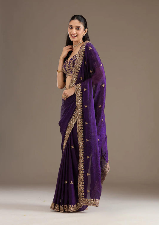 Purple Royal Shine Silk Saree with Beautiful Embroidery Work - Mayrake.in