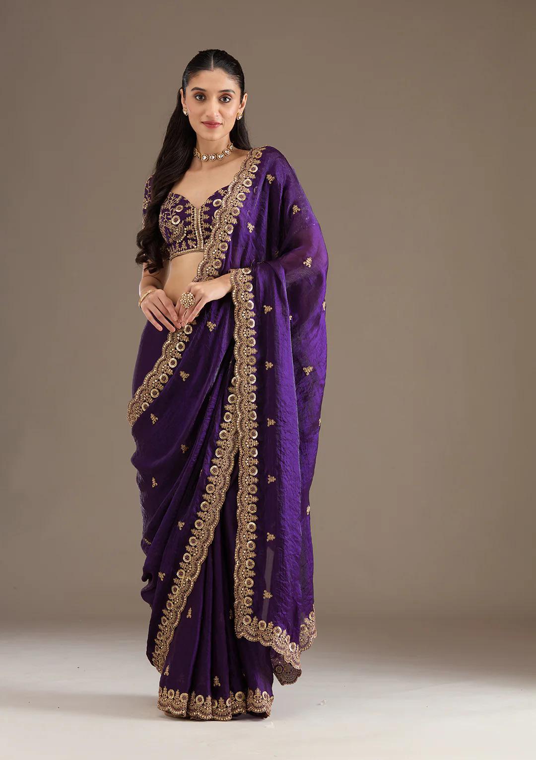 Purple Royal Shine Silk Saree with Beautiful Embroidery Work - Mayrake.in