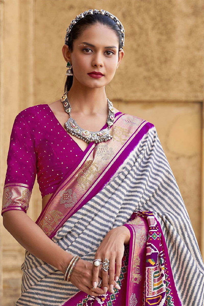 Purplish Cream Raw Silk Saree with Silver Zari Border - Mayrake.in
