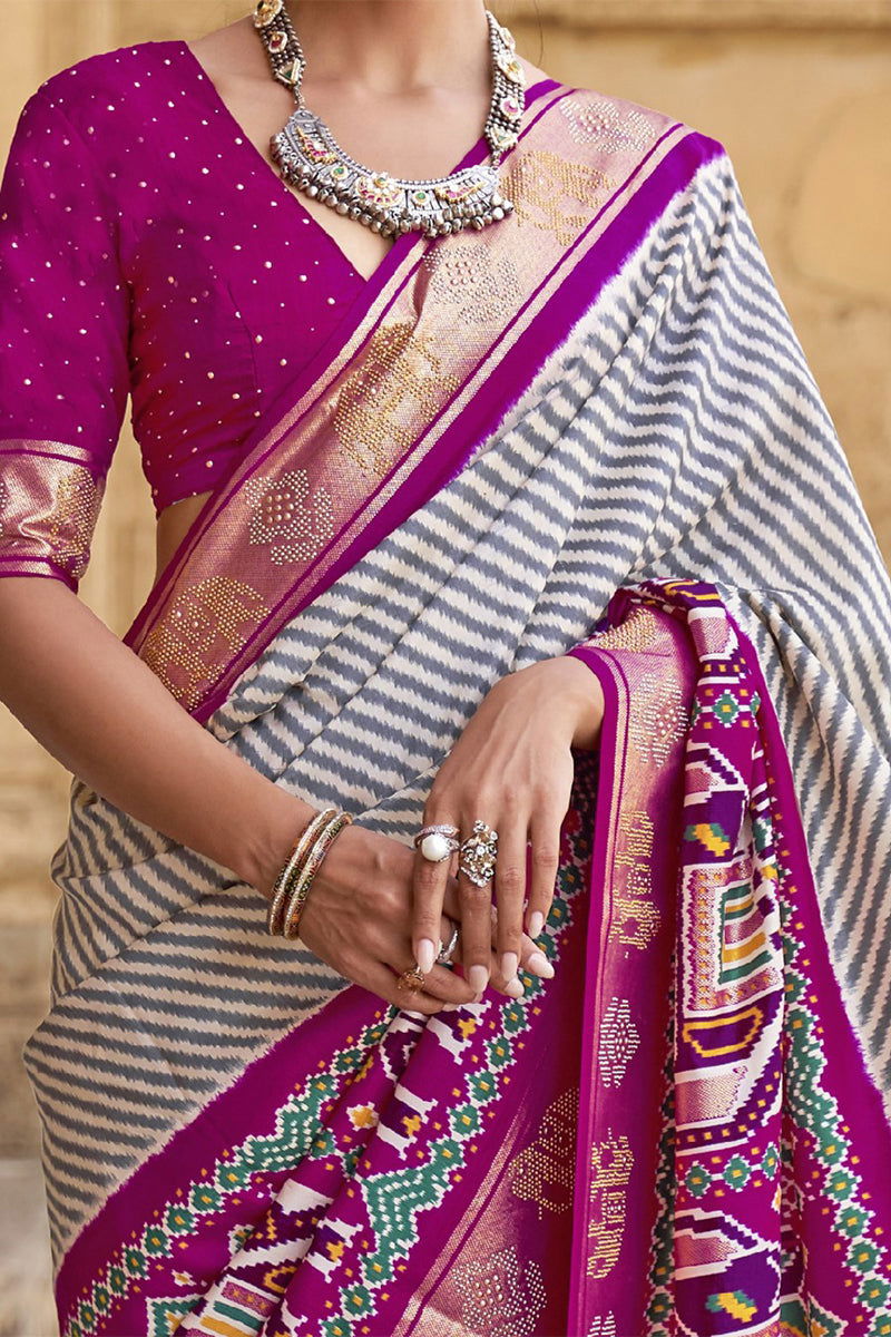 Purplish Cream Raw Silk Saree with Silver Zari Border - Mayrake.in