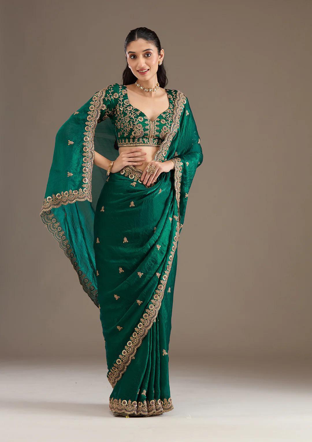 Rama Green Royal Shine Silk Saree with Beautiful Embroidery Work - Mayrake.in