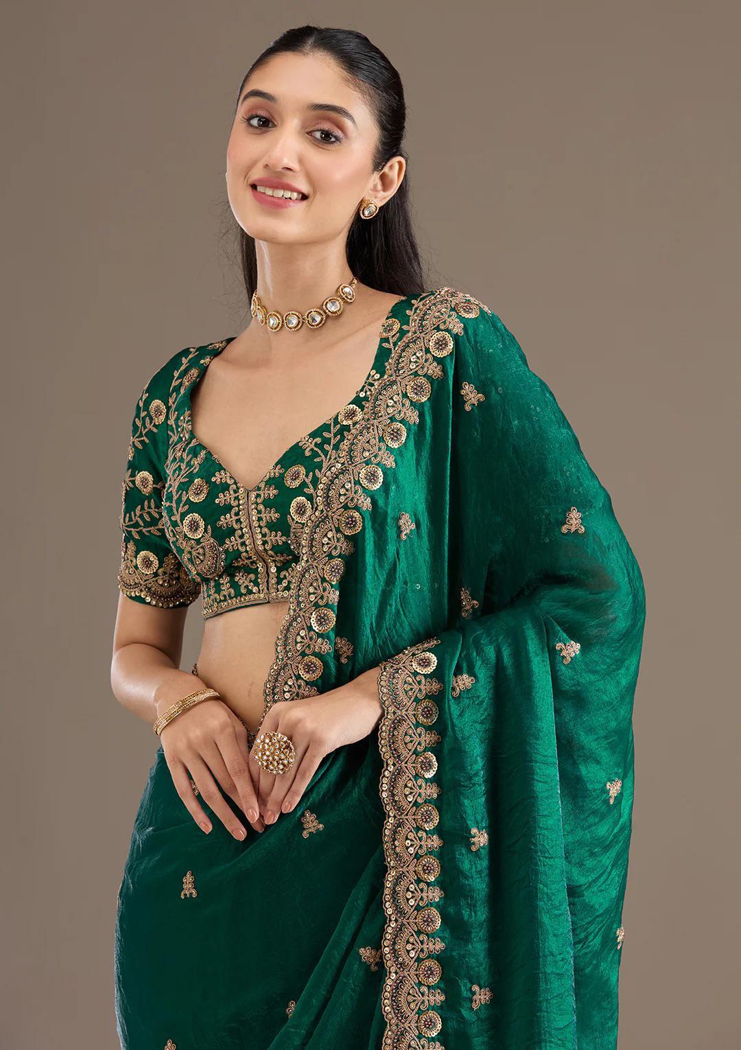 Rama Green Royal Shine Silk Saree with Beautiful Embroidery Work - Mayrake.in