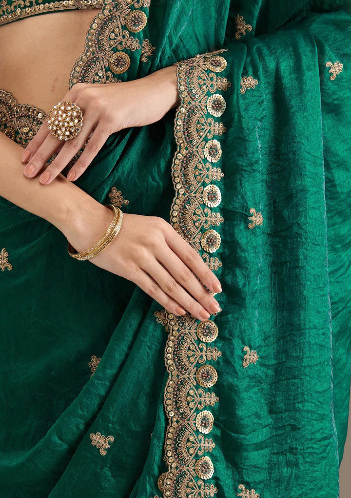 Rama Green Royal Shine Silk Saree with Beautiful Embroidery Work - Mayrake.in