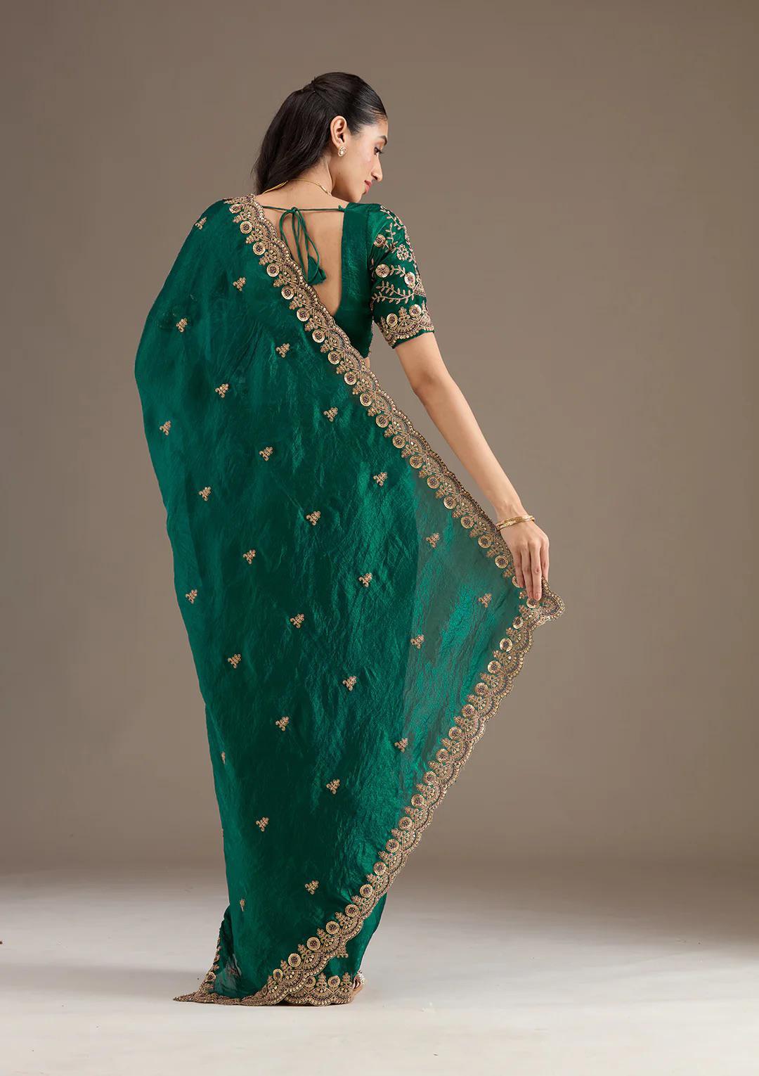 Rama Green Royal Shine Silk Saree with Beautiful Embroidery Work - Mayrake.in