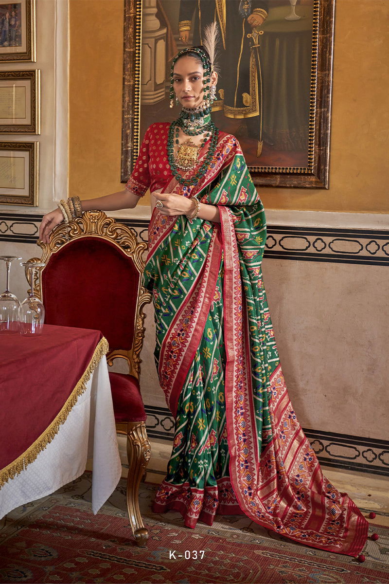 Rama Green with Red Border Viscose Silk with Patola Design and Apoxy Finish - Mayrake - 