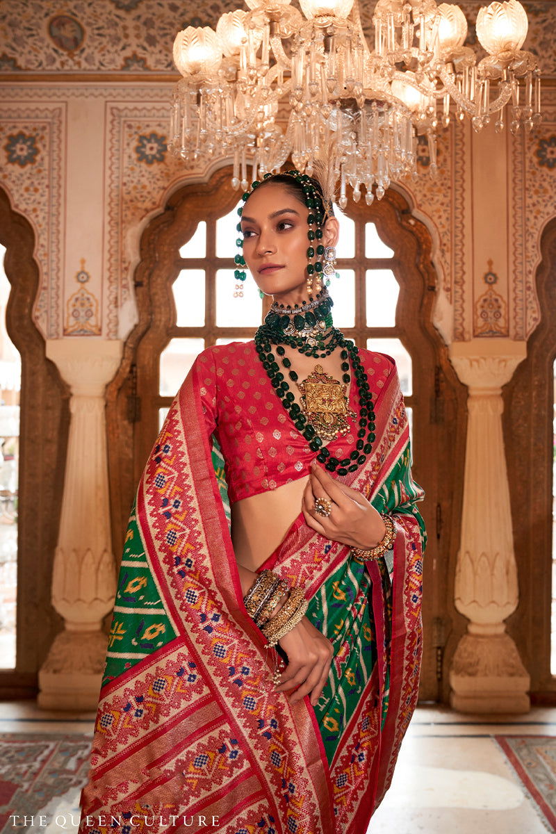 Rama Green with Red Border Viscose Silk with Patola Design and Apoxy Finish - Mayrake - 