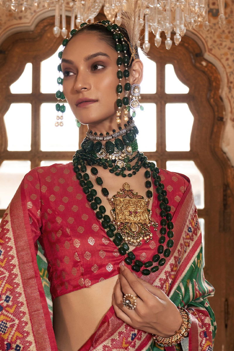 Rama Green with Red Border Viscose Silk with Patola Design and Apoxy Finish - Mayrake - 