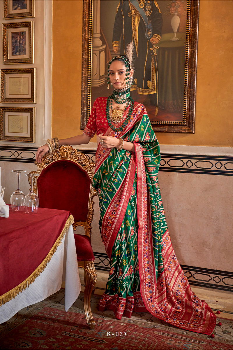 Rama Green with Red Border Viscose Silk with Patola Design and Apoxy Finish - Mayrake - 