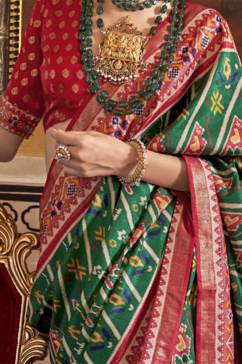 Rama Green with Red Border Viscose Silk with Patola Design and Apoxy Finish - Mayrake - 