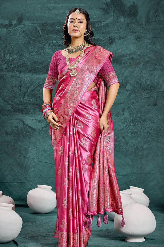 Rani Pink Banarasi Satin Silk Rich Pallu Saree with Silver Zari Weaving Detailing - Mayrake.in