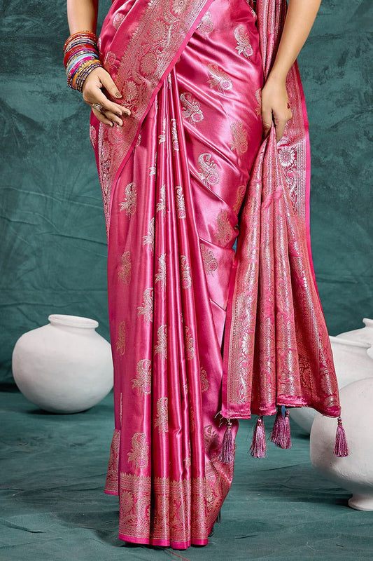 Rani Pink Banarasi Satin Silk Rich Pallu Saree with Silver Zari Weaving Detailing - Mayrake.in