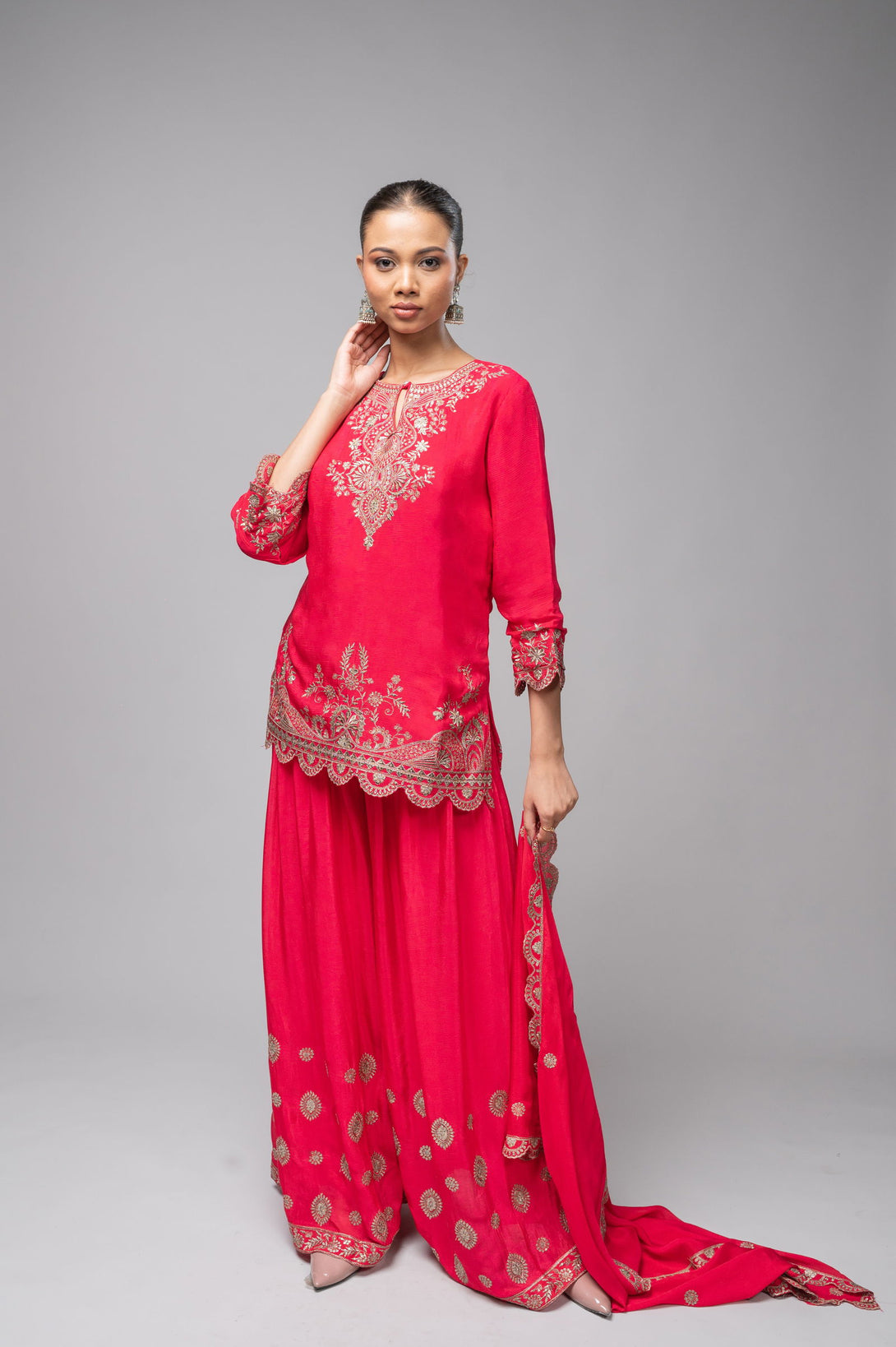 Rani Pink Crepe Kurta Sharara Set with Golden Zari Embroidery - Mayrake.in