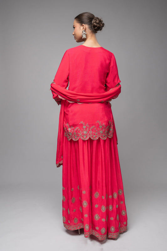 Rani Pink Crepe Kurta Sharara Set with Golden Zari Embroidery - Mayrake.in