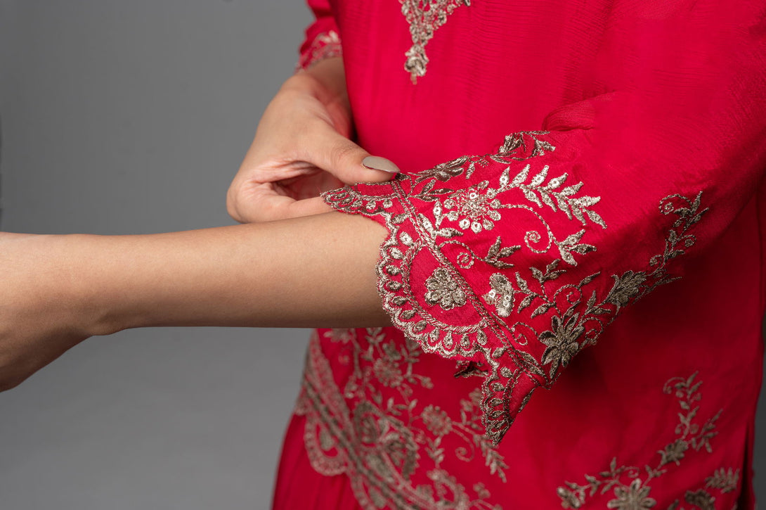 Rani Pink Crepe Kurta Sharara Set with Golden Zari Embroidery - Mayrake.in