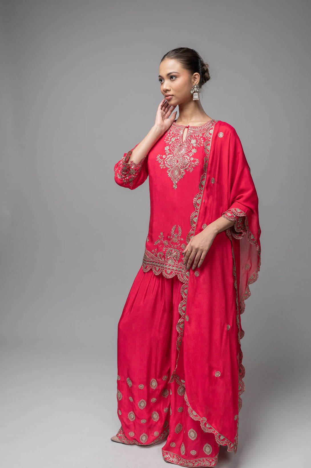 Rani Pink Crepe Kurta Sharara Set with Golden Zari Embroidery - Mayrake.in