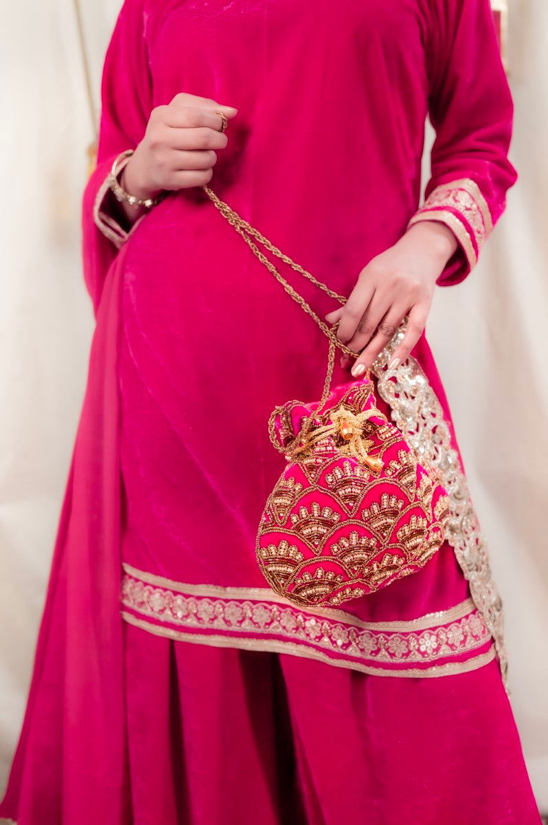 Rani Pink Potli with Beautiful Pipe and Bead Sequin Design - Mayrake.in