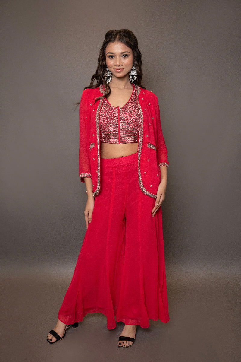 Red Georgette Crop Top with Pearl and Pipe Embroidery, Stylish Blazer, and Palazzo Pants - Mayrake