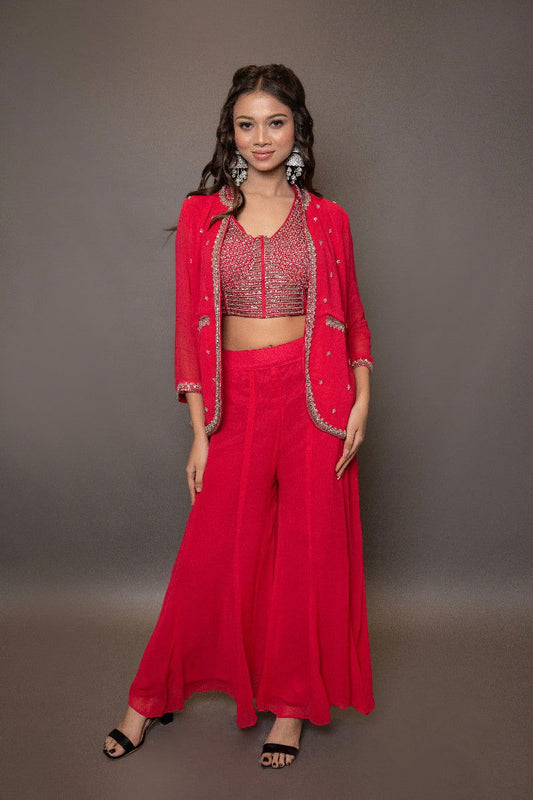 Red Georgette Crop Top with Pearl and Pipe Embroidery, Stylish Blazer, and Palazzo Pants - Mayrake