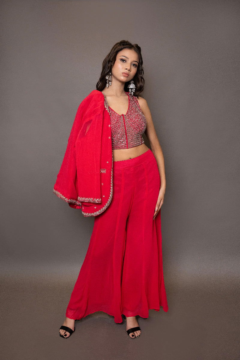 Red Georgette Crop Top with Pearl and Pipe Embroidery, Stylish Blazer, and Palazzo Pants - Mayrake