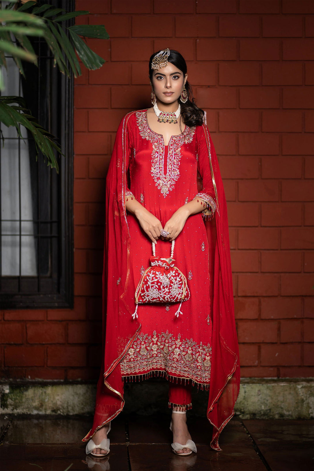 Red Heavy Zardosi Pearl Hand-Embriodered Suit - Mayrake.in