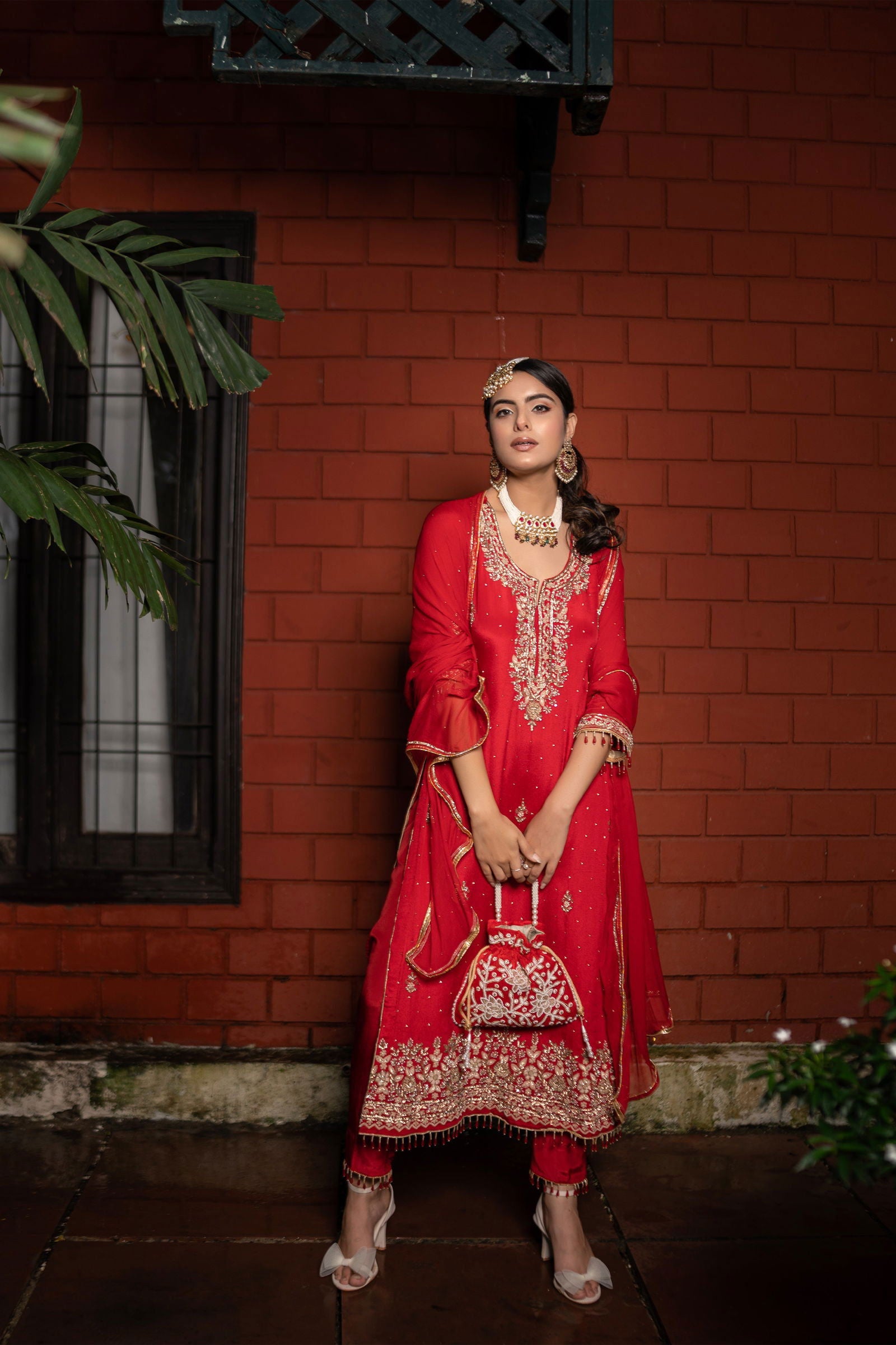 Red Heavy Zardosi Pearl Hand-Embriodered Suit - Mayrake.in