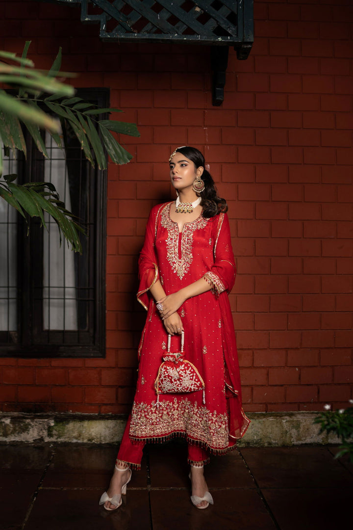 Red Heavy Zardosi Pearl Hand-Embriodered Suit - Mayrake.in