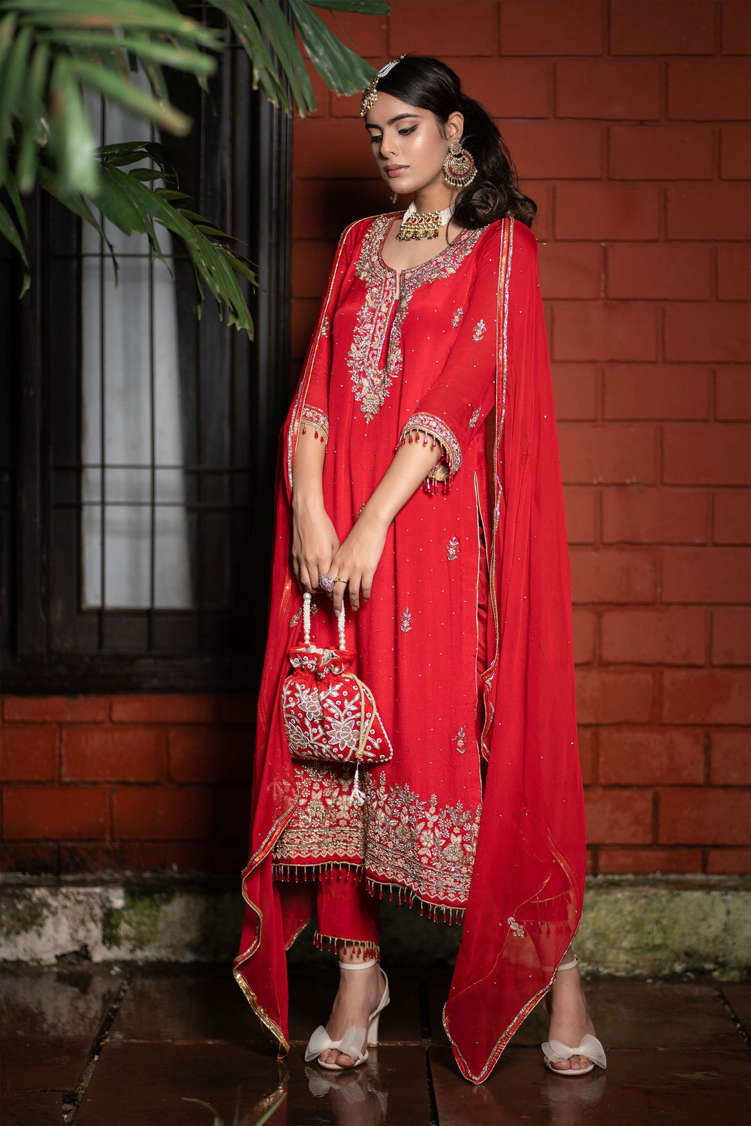 Red Heavy Zardosi Pearl Hand-Embriodered Suit - Mayrake.in