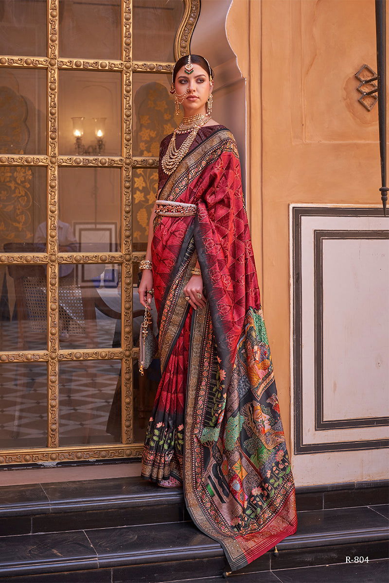 Red Raw Silk Saree with Designer Multi-Color Border - Mayrake.in