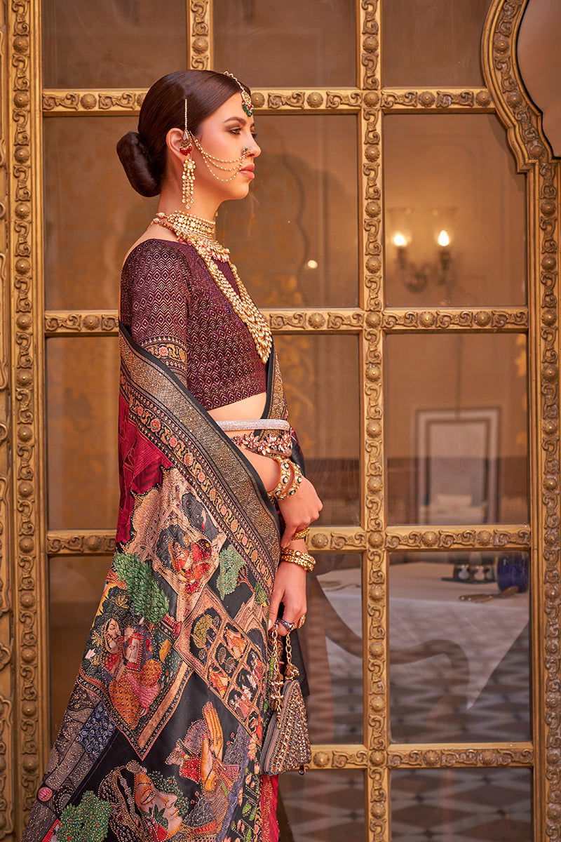 Red Raw Silk Saree with Designer Multi-Color Border - Mayrake.in