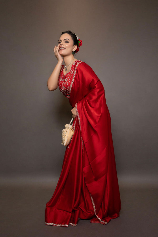 Red Satin  Saree with Swarovski Stones - Mayrake.in