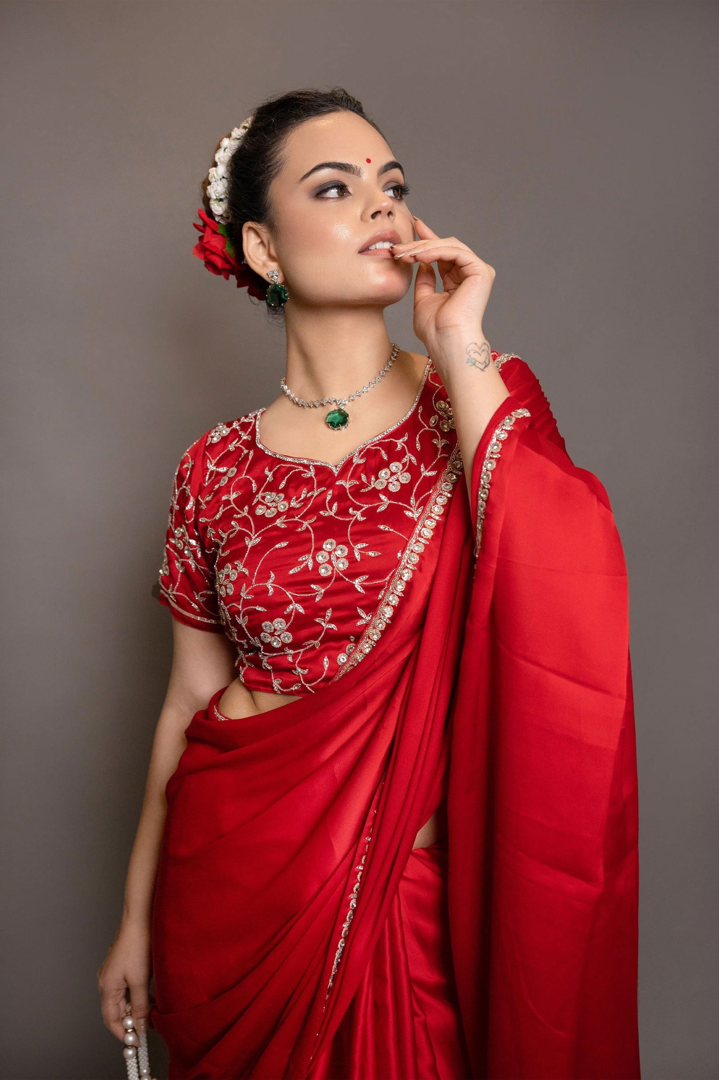 Red Satin  Saree with Swarovski Stones - Mayrake.in