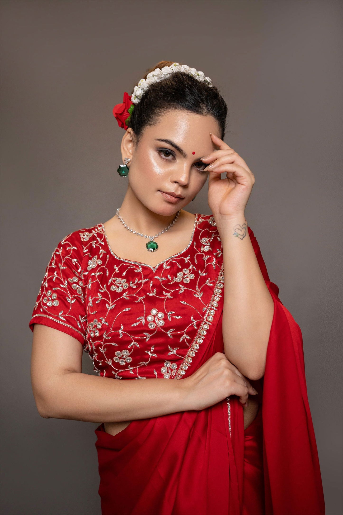 Red Satin  Saree with Swarovski Stones - Mayrake.in