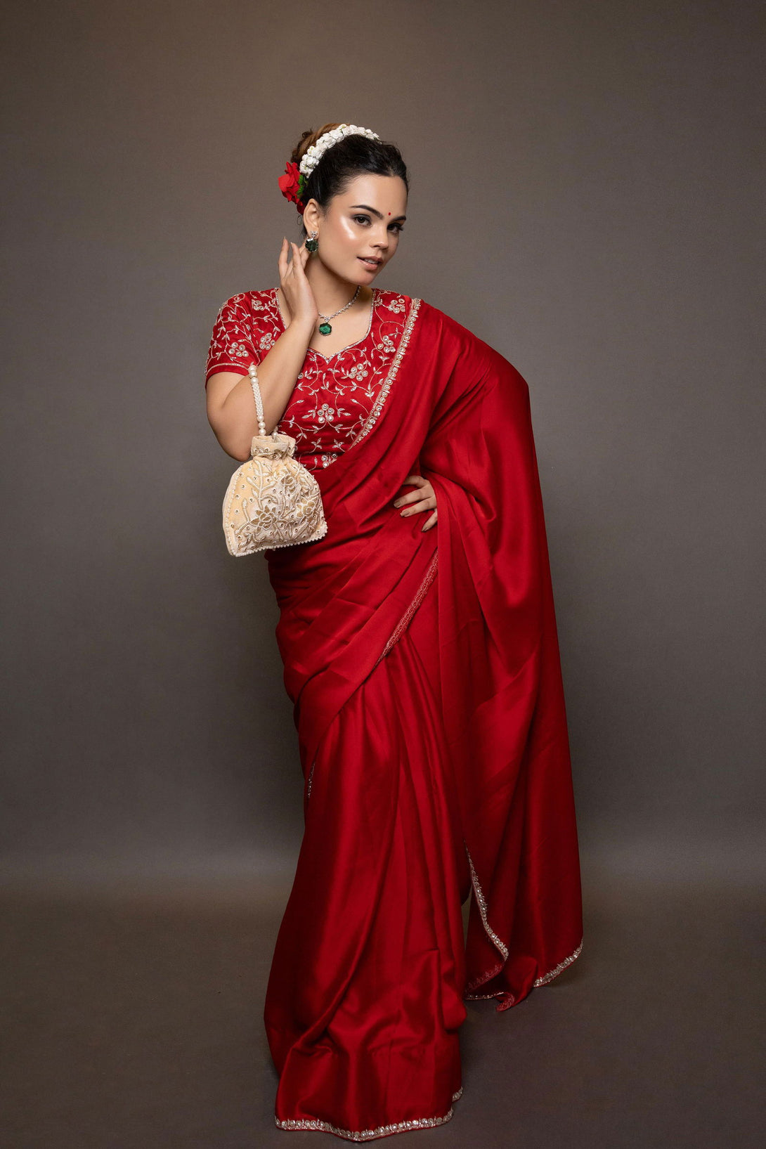 Red Satin  Saree with Swarovski Stones - Mayrake.in