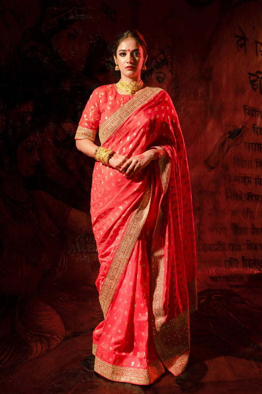 Red Silk Saree with Golden Buti Work and Rich Zari Border - Mayrake.in