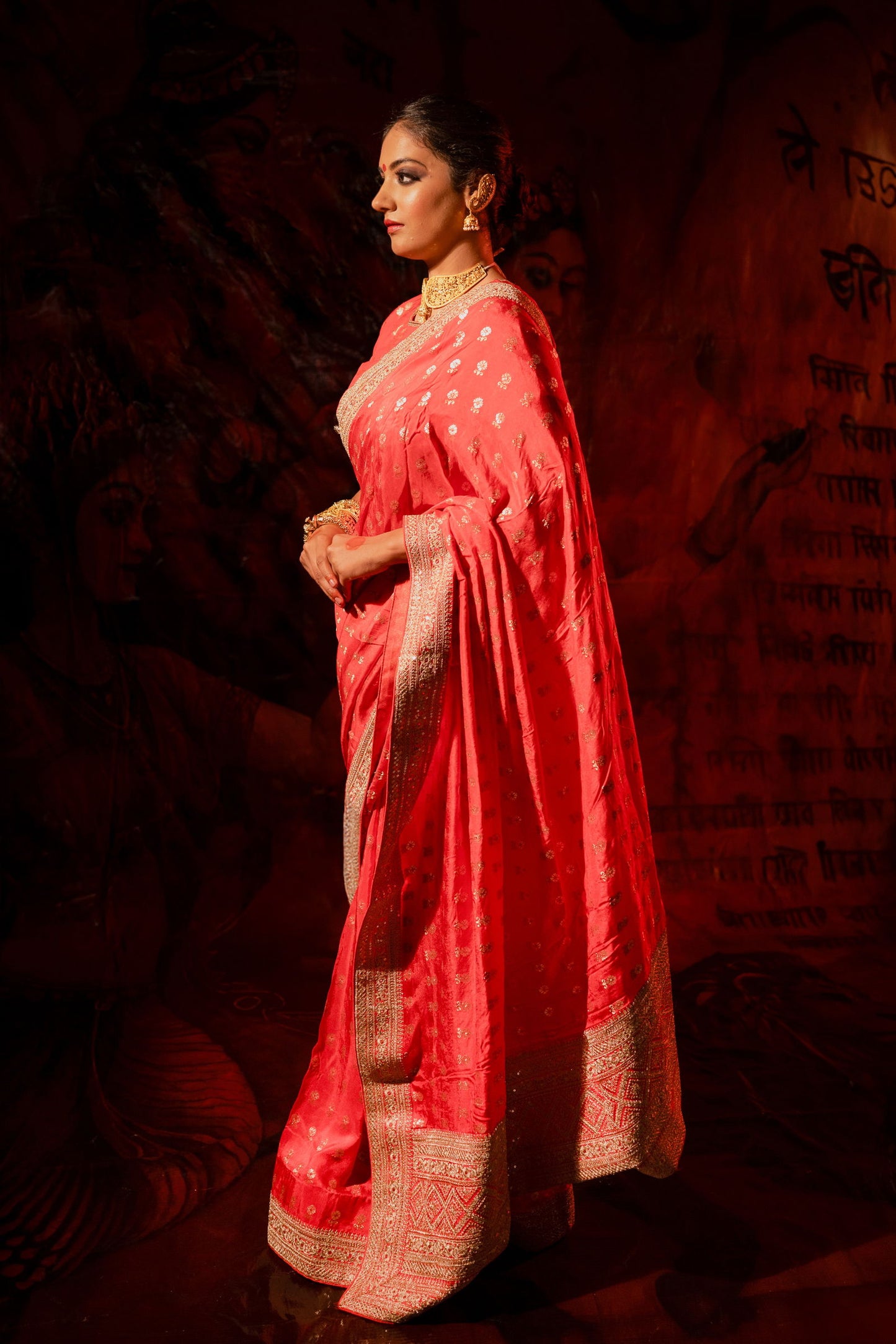 Red Silk Saree with Golden Buti Work and Rich Zari Border - Mayrake.in