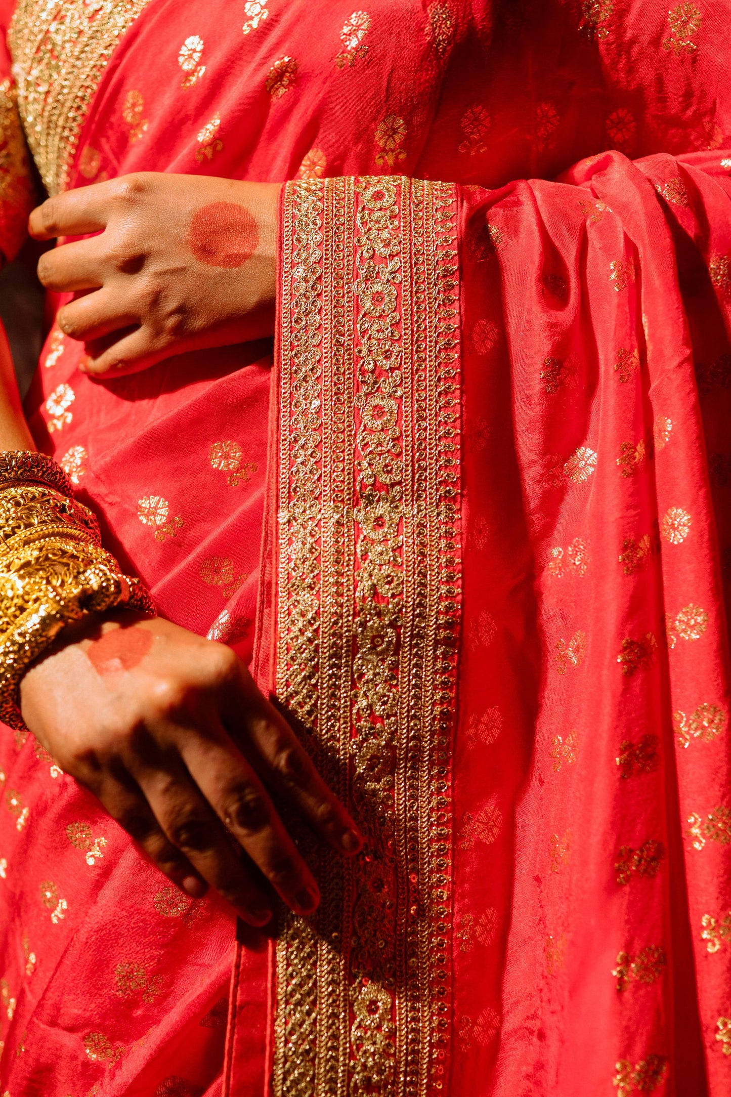 Red Silk Saree with Golden Buti Work and Rich Zari Border - Mayrake.in